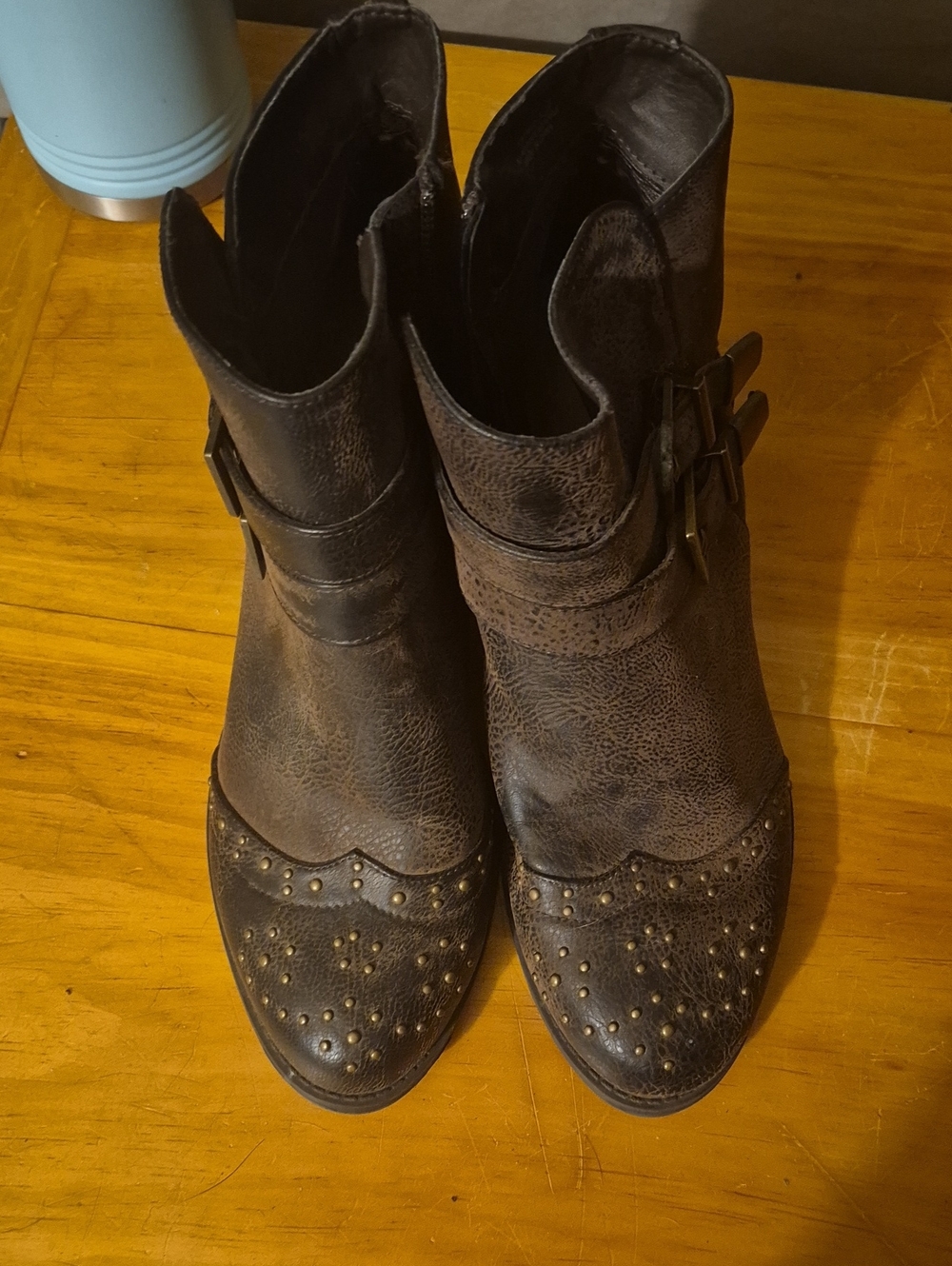 Ruff Hewn Brown Studded Leather Ankle Booties with Buckle